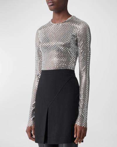 Shop Burberry Sandra Studded Mesh Long-sleeve Top In Silver