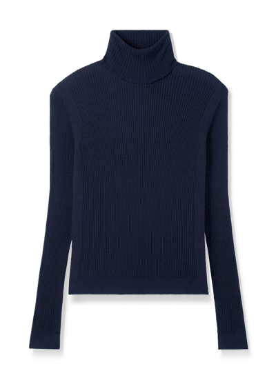 Shop St John Silk And Wool Turtleneck Sweater In Navy