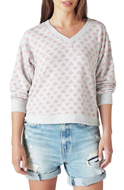 Shop Lucky Brand Cloud Jersey Long Sleeve V Neck Top In Grey With Pink Heart