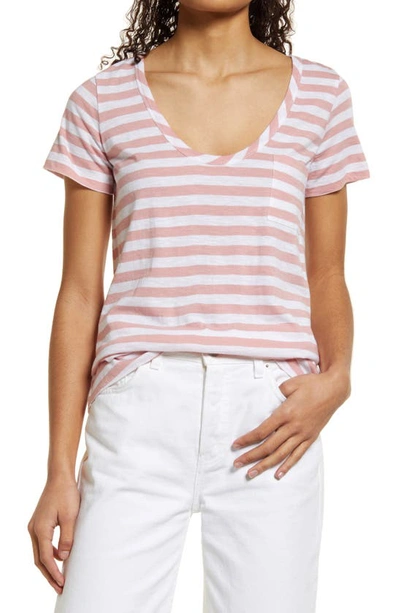 Shop Caslon Rounded V-neck T-shirt In Pink B- White Charm Stp