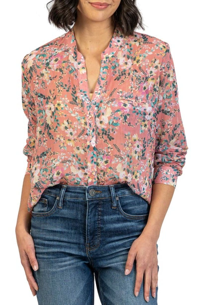 Shop Kut From The Kloth Jasmine Chiffon Button-up Shirt In Gela Blooms Light Coral