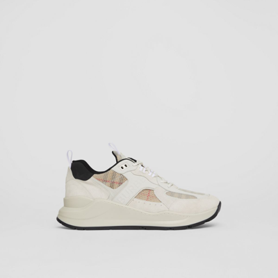 Shop Burberry Mesh, Suede And Check Cotton Sneakers In Archive Beige/white