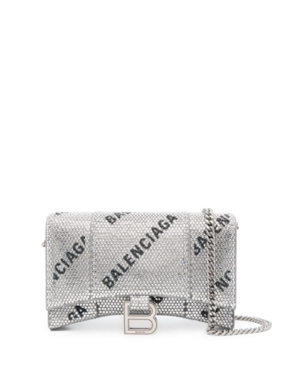 Shop Balenciaga Rhinestone Hourglass Wallet-on-chain In Silver