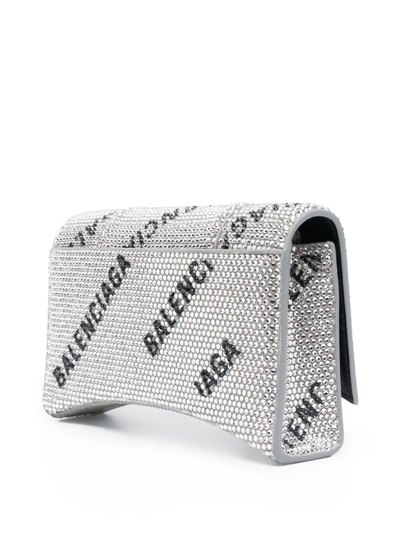 Shop Balenciaga Rhinestone Hourglass Wallet-on-chain In Silver