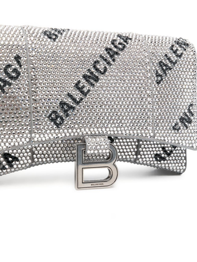 Shop Balenciaga Rhinestone Hourglass Wallet-on-chain In Silver