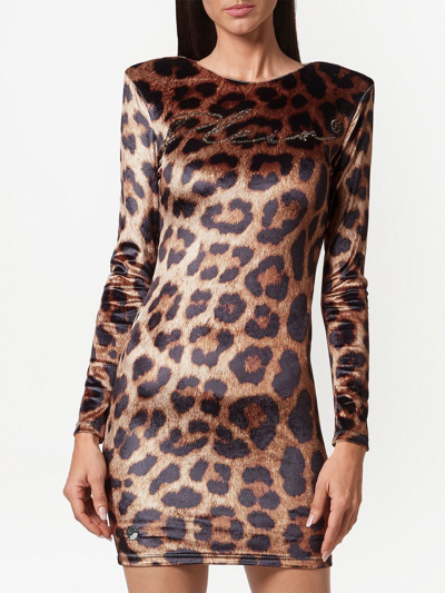 Shop Philipp Plein Leopard-print Cut-out Mini Dress In Neutrals