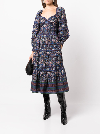 Sea Noah Tiered Shirred Floral-print Cotton-voile Midi Dress In Navy