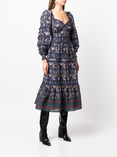 Sea Noah Tiered Shirred Floral-print Cotton-voile Midi Dress In Navy