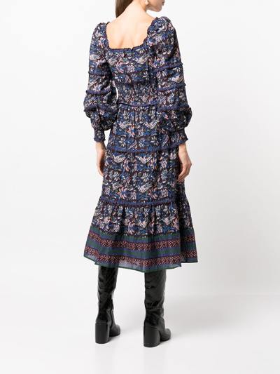 Sea Noah Tiered Shirred Floral-print Cotton-voile Midi Dress In Navy