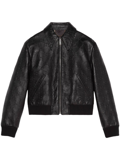 Gucci Embossed Gg Leather Bomber In Black