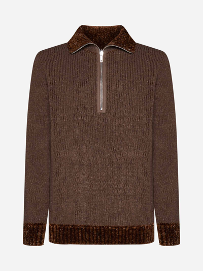 Shop Raf Simons Zip Wool Sweater In Brown