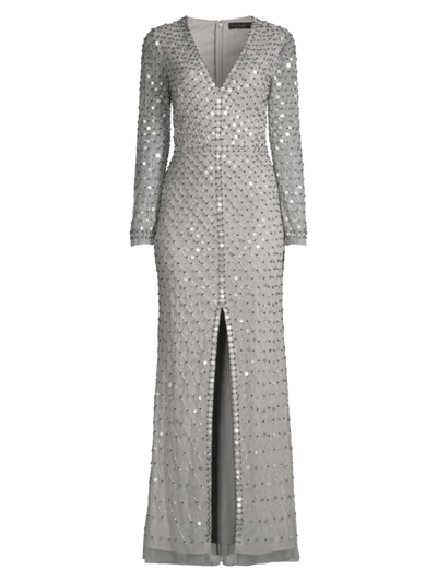 Shop Aidan Mattox Women's Sequined Long-sleeve Gown In Silver