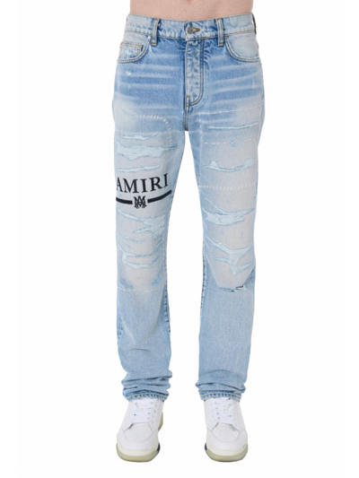 Shop Amiri Men's Ma Bar Logo Distressed Jeans In Stone Indigo