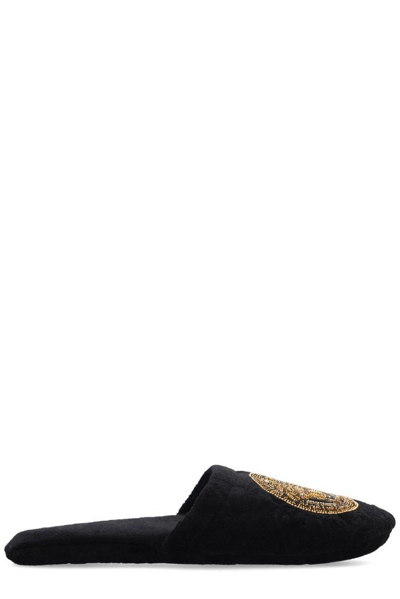 Shop Versace Medusa Head Embellished Slippers In Black