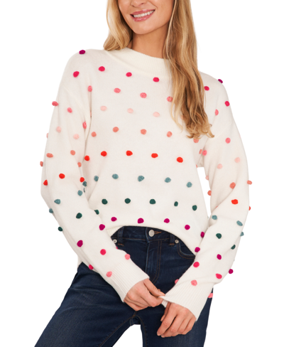 Shop Cece Women's Mock Neck Rainbow Pom Pom Sweater In Antique White