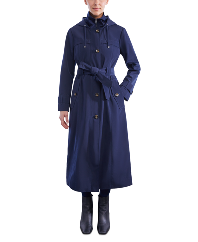 Shop London Fog Women's Bibbed Hooded Maxi Trench Coat In Midnight Navy