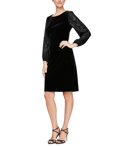 Shop Alex Evenings Women's Sequined-sleeve Velvet Dress In Black