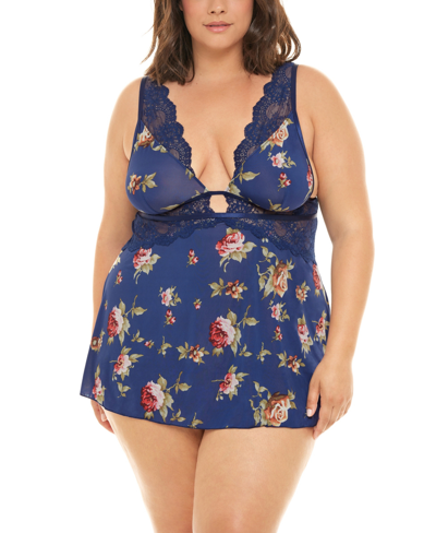 Shop Oh La La Cheri Plus Size Naeva Printed Babydoll With Wide Scallop Lace Details In Estate Blue Scattered Ros