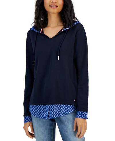 Shop Tommy Hilfiger Women's Layered-look French Terry Hoodie Top In Sky Capt