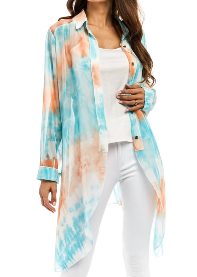 Shop Adore Sheer Button Down Duster In A Watercolor Mix In Blue