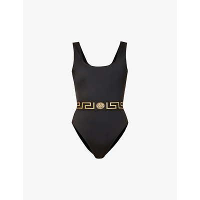 Shop Versace Greca Border Scoop-neck Swimsuit In Black