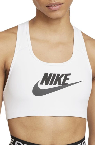 Shop Nike Dri-fit Medium Support Graphic Sports Bra In White/ Black/ Dark Smoke Grey
