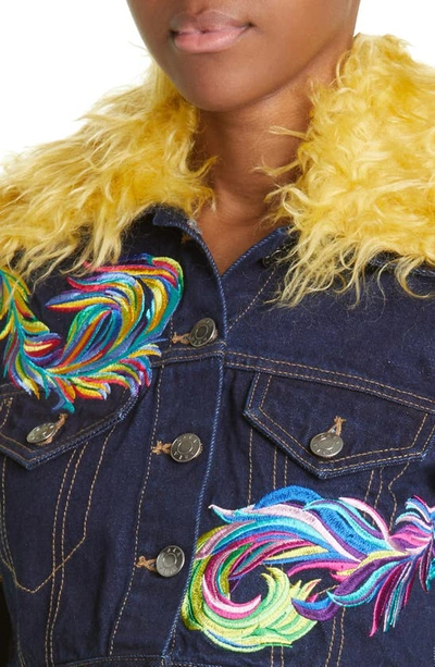 Shop Area Embroidered Mohair Trim Crop Denim Jacket In Dark Indigo
