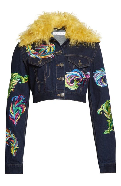 Shop Area Embroidered Mohair Trim Crop Denim Jacket In Dark Indigo