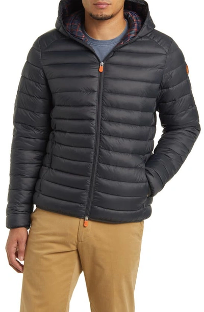 Save The Duck Alexander Ecological Black Down Jacket Man In Green Black Lining Tartan