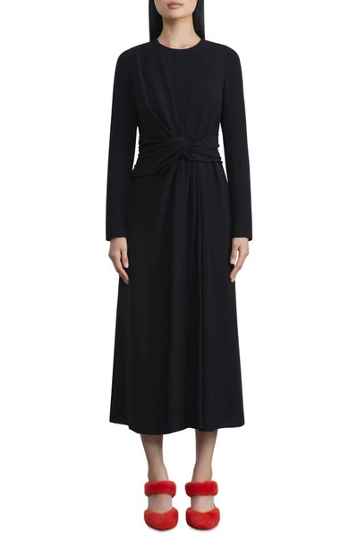 Shop Lafayette 148 Twist Waist Long Sleeve Finesse Crepe Midi Dress In Black