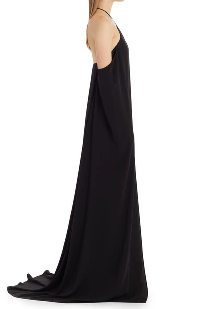 Shop Valentino Cape Sleeve Silk Georgette Halter Gown In Nero