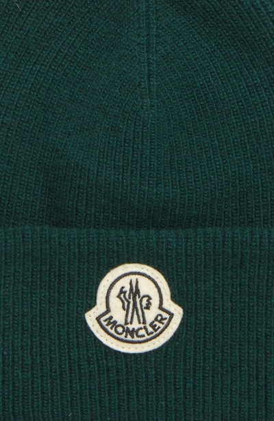 Shop Moncler Genius Bell Logo Patch Rib Wool Beanie In Dark Green