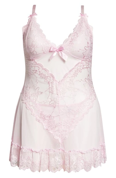Shop Oh La La Cheri Valentine Soft Cup Babydoll Chemise & G-string Thong In Pink Tulle