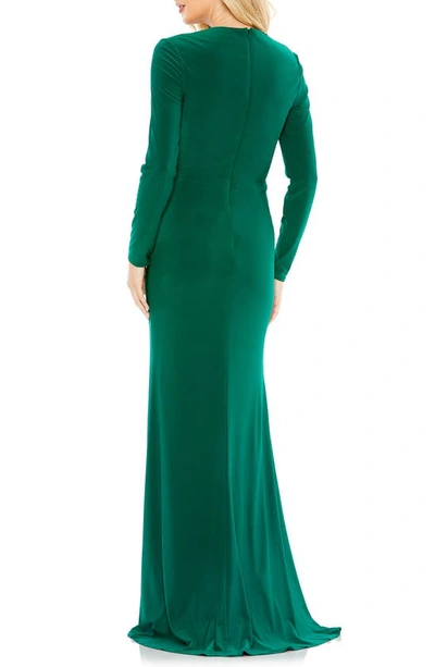 Shop Mac Duggal Plunge Neck Keyhole Long Sleeve Jersey Gown In Emerald