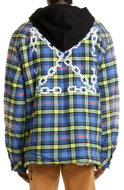Shop Off-white Chain Arrows Plaid Hooded Cotton Flannel Overshirt In Dusty Blue