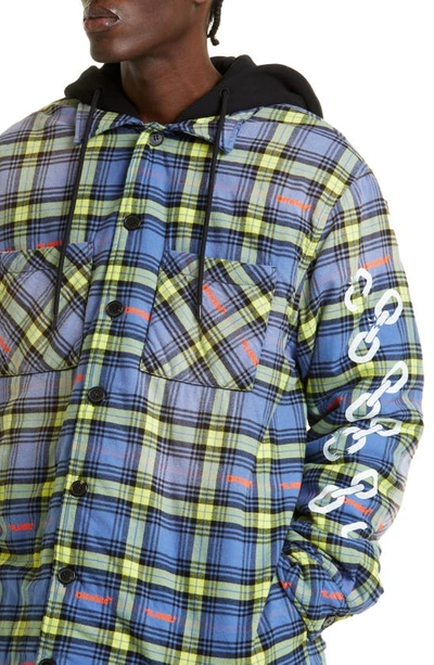 Shop Off-white Chain Arrows Plaid Hooded Cotton Flannel Overshirt In Dusty Blue