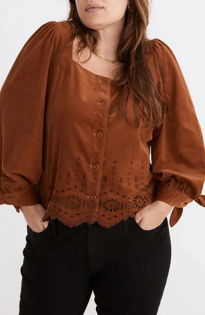 Shop Madewell Embroidered Eyelet Tie-sleeve Corduroy Top In Warm Coffee