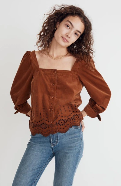 Shop Madewell Embroidered Eyelet Tie-sleeve Corduroy Top In Warm Coffee