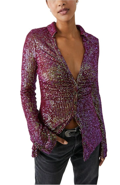 Shop Free People Sequin Ruched Shirt In Dark Rhubarb