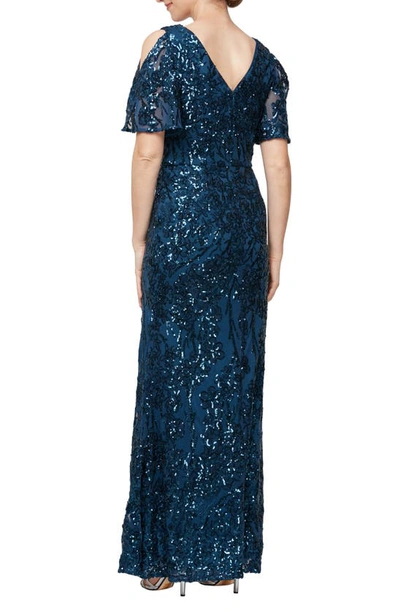 Alex Evenings Sequin Lace Cold Shoulder Trumpet Gown In Deep Ocean
