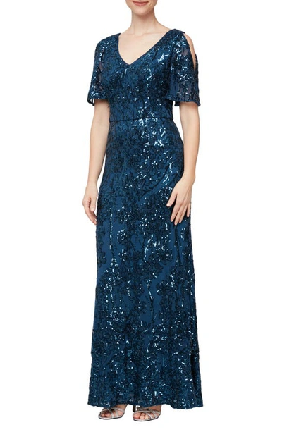 Alex Evenings Sequin Lace Cold Shoulder Trumpet Gown In Deep Ocean