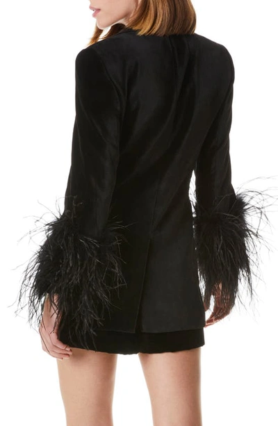Shop Alice And Olivia Yona Feather Cuff Velvet Blazer In Black