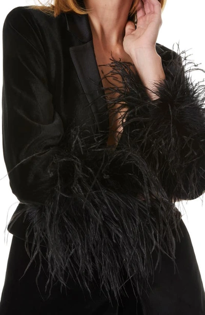 Shop Alice And Olivia Yona Feather Cuff Velvet Blazer In Black