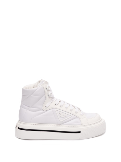 Shop Prada Macro` `re-nylon And Brushed Leather Sneakers In Bianco