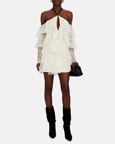 Shop Philosophy Di Lorenzo Serafini Cold-shoulder Ruffled Lace Mini Dress In Ivory