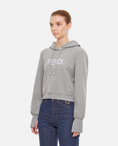 Shop Fendi Cropped Logo Hoodie In Grey