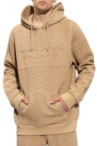 Balmain Embossed Monogram Hoodie Sweatshirt In Camel
