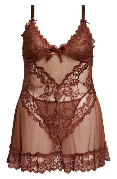 Shop Oh La La Cheri Valentine Soft Cup Babydoll Chemise & G-string Thong In Cappuccino