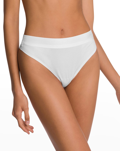 Shop Wolford Beauty Ribbed Cotton Thong In Pearl