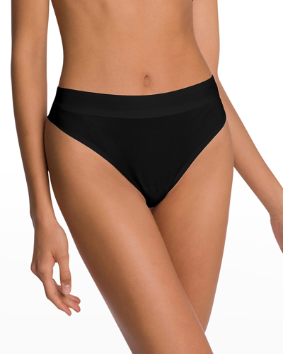 Shop Wolford Beauty Ribbed Cotton Thong In Black